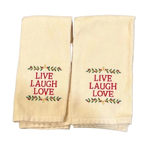 Other - ❤️ 2/$11 Christmas Embroidered Bath Hand Towels Live Laugh Love in Ivory